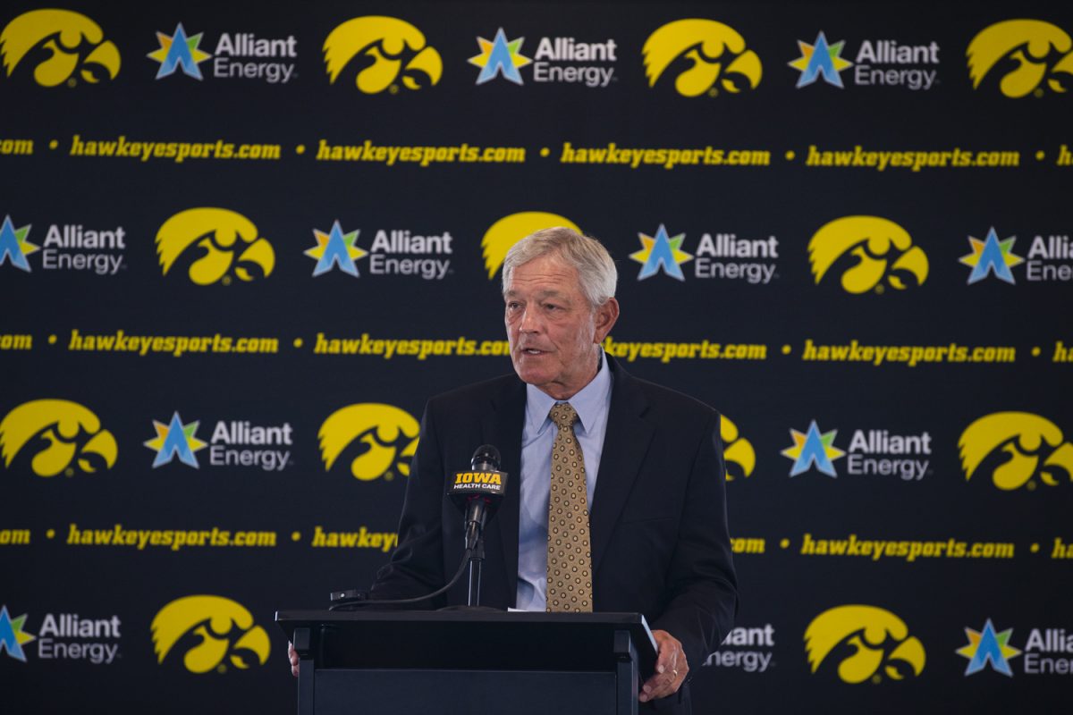 Iowa football head coach Kirk Ferentz answers questions during a press conference held in Kinnick Stadium on Friday, August 9, 2025. Ferentz is going into his 27th year as the head football coach at the University of Iowa with a 204-124 record, making him second all-time in wins among Big Ten coaches.