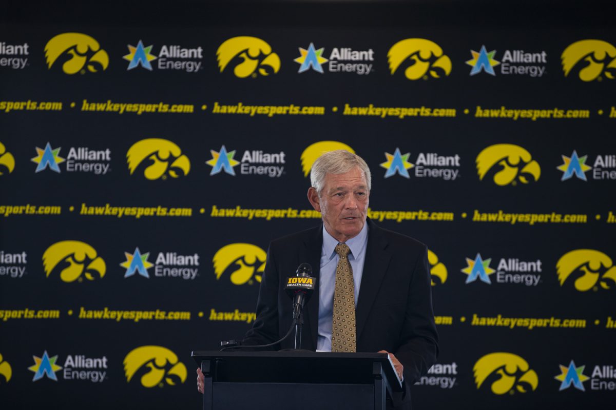 Iowa football head coach Kirk Ferentz answers questions during a press conference held in Kinnick Stadium on Friday, August 9, 2025. Ferentz is going into his 27th year as the head football coach at the University of Iowa with a 204-124 record, making him second all-time in wins among Big Ten coaches.