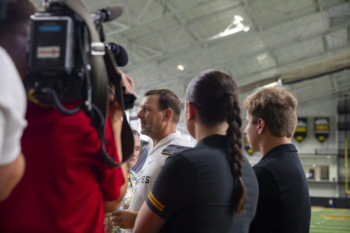 Iowa offensive coordinator Tim Lester answers questions during the Iowa Football Media Day on Friday, August 9, 2025. Lester is in his second year as offensive coordinator and quarterbacks coach at the University of Iowa.