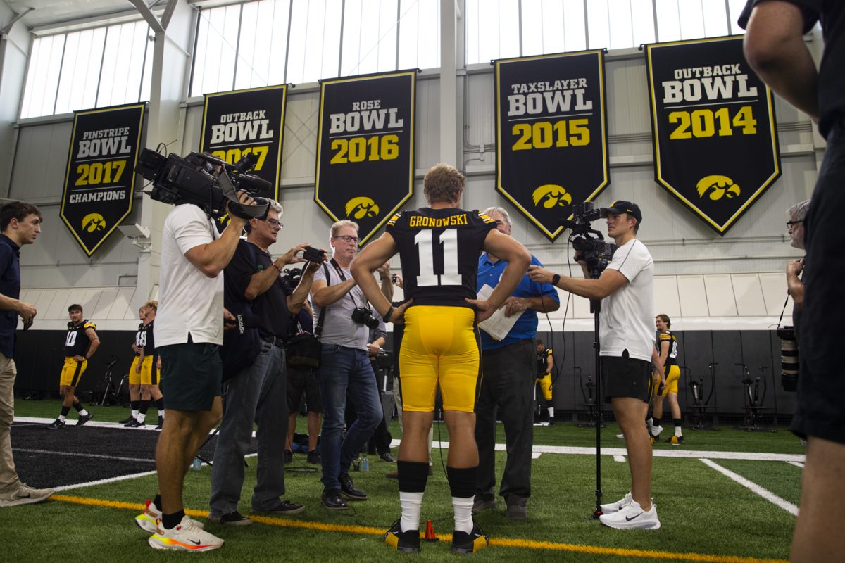 Iowa quarterback Mark Gronowski answers questions during the Iowa Football Media Day on Friday, August 9, 2025. Gronowski transferred to the Hawkeyes from South Dakota State University.