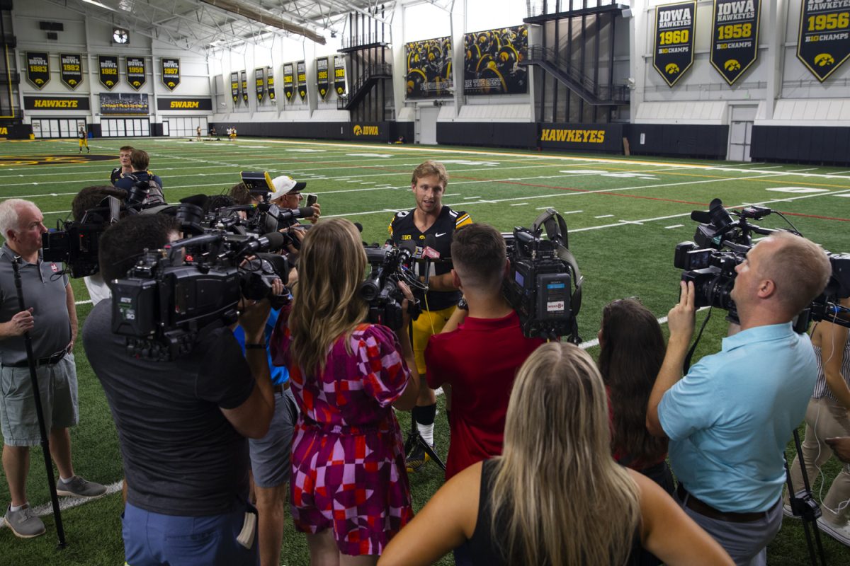 Iowa quarterback Mark Gronowski answers questions during the Iowa Football Media Day on Friday, August 9, 2025. Gronowski transferred to the Hawkeyes from South Dakota State University.