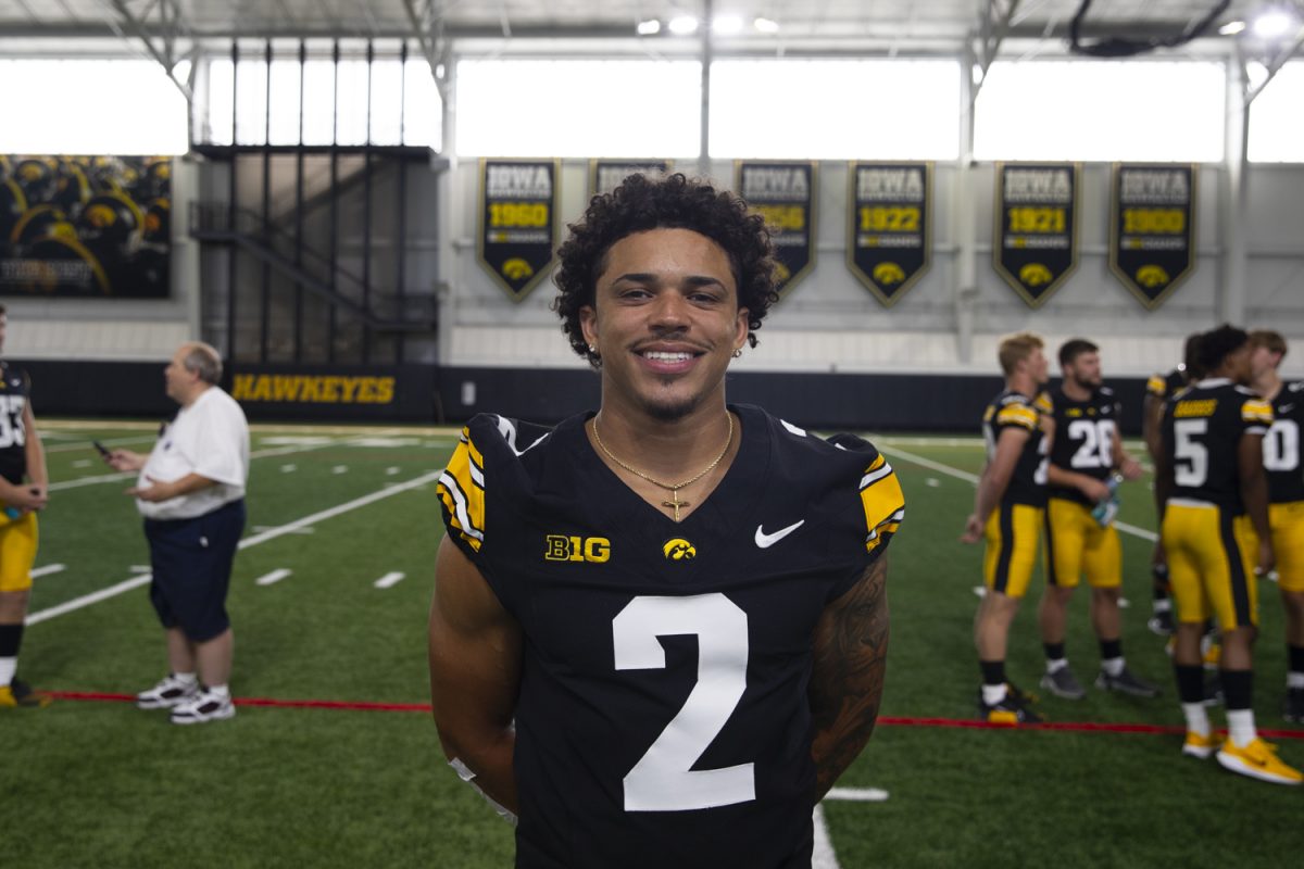 Iowa wide receiver Sam Phillips poses for a portrait during the Iowa Football Media Day on Friday, August 9, 2025.