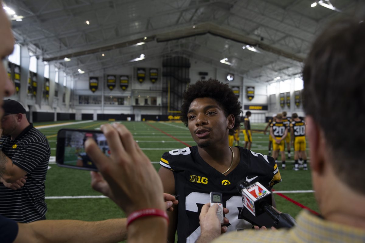 Iowa running back Kamari Moulton answers questions during the Iowa Football Media Day on Friday, August 9, 2025.