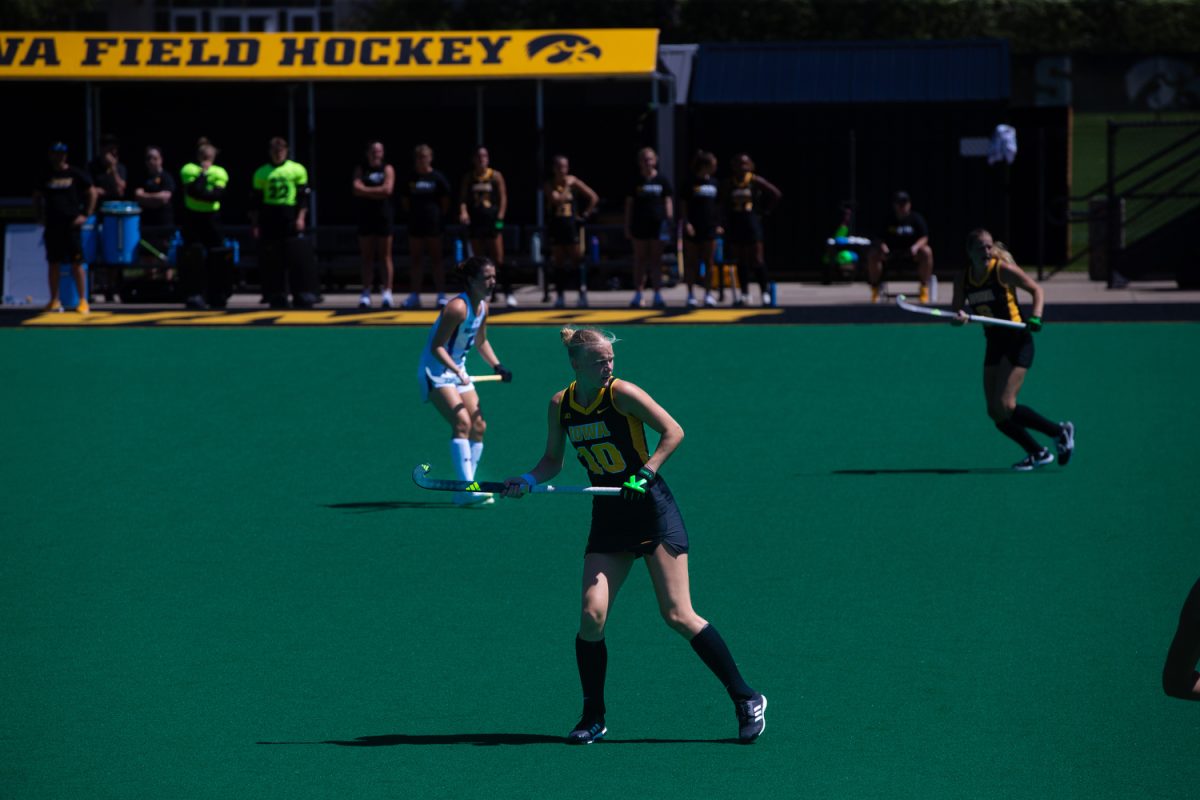 Iowa Midfielder Diane Van Aalsum prepares to catch the ball during the Iowa Field Hockey Exhibition against Northwestern on Saturday, August 23, 2025. The game went into a tie-breaking sudden death round to declare a winner.