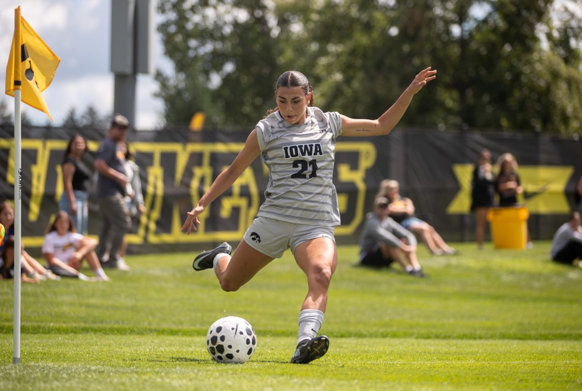 Liana Tarasco attempts a corner kick during the match up between the No. 9 ranked Iowa Hawkeyes and the Western Michigan Broncos at the University of Iowa Soccer Complex in Iowa City, Iowa on Sunday, Aug. 24, 2025. The Hawkeyes defeated the Broncos 2-0.
