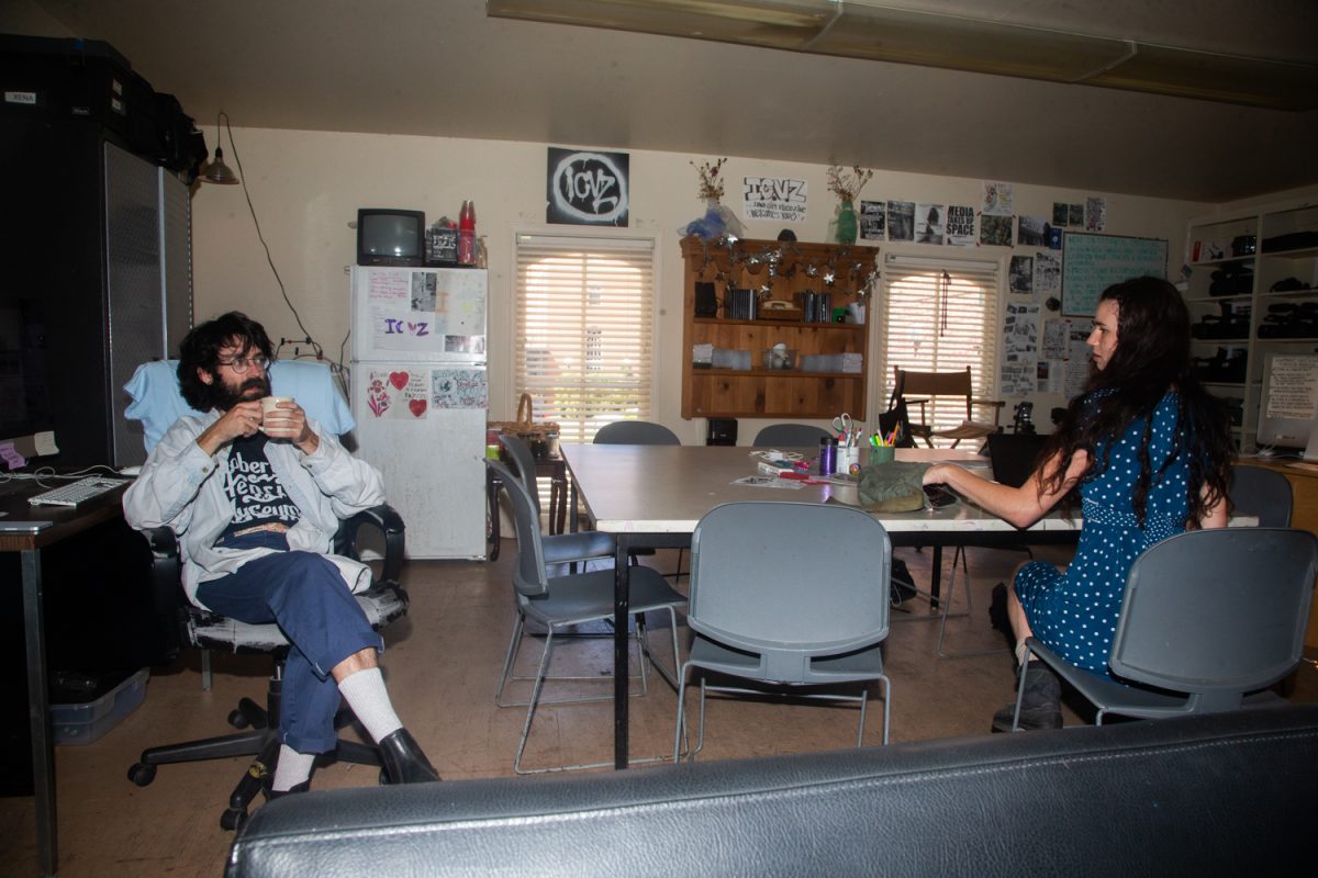 Iowa City Video Zine president Patrick O’Connor and founder Clare Kinkaid work inside of the Cloud Studio next to Public Space One on South Gilbert Street in Iowa City on Monday, Aug. 25, 2025.