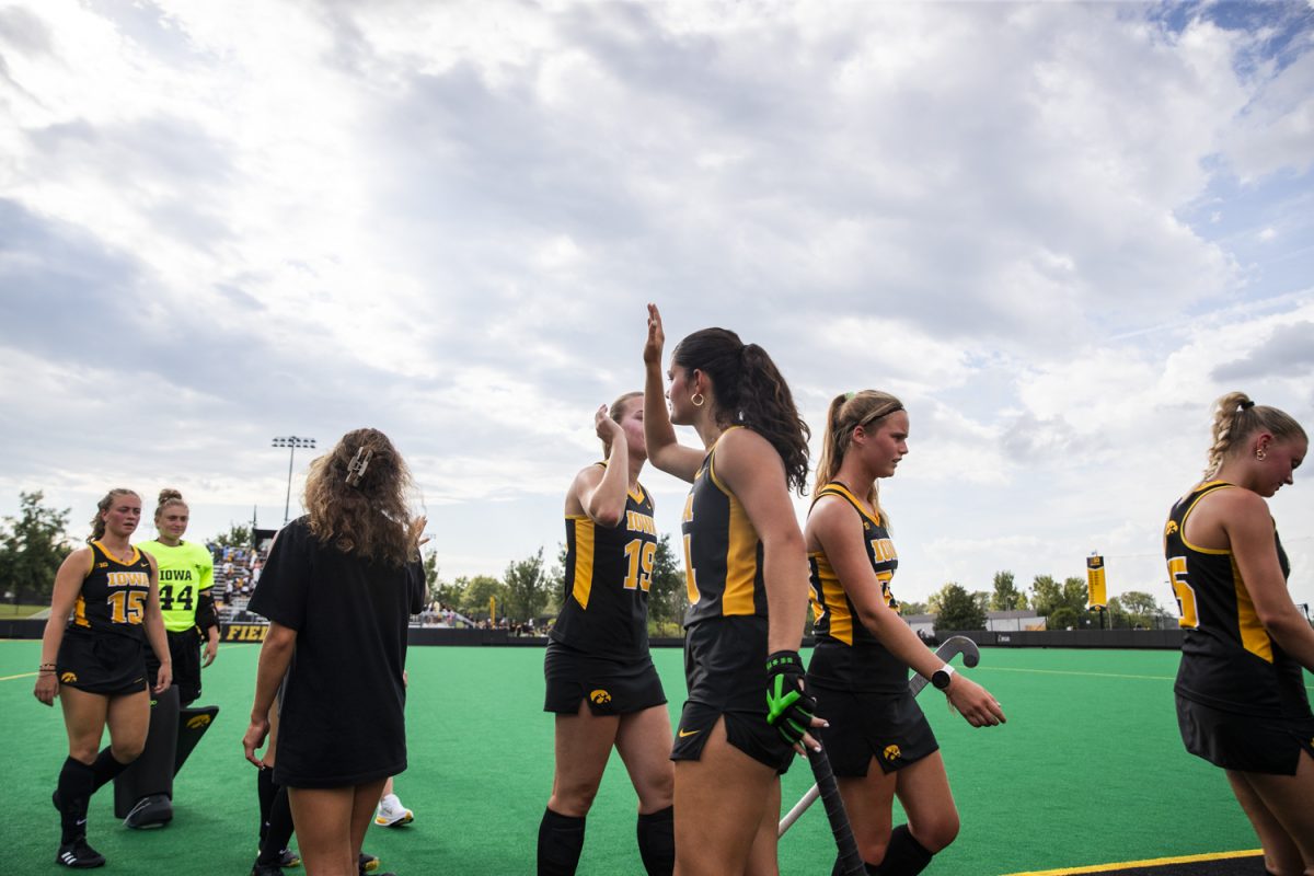 Iowa defender Lauren Derose congratulates teammates after a field hockey game between No. 15 Iowa and No. 20 Wake Forest at Grant Field in Iowa City on Friday, Aug. 29, 2025. The Hawkeyes defeated the Demon Deacons 5-4.