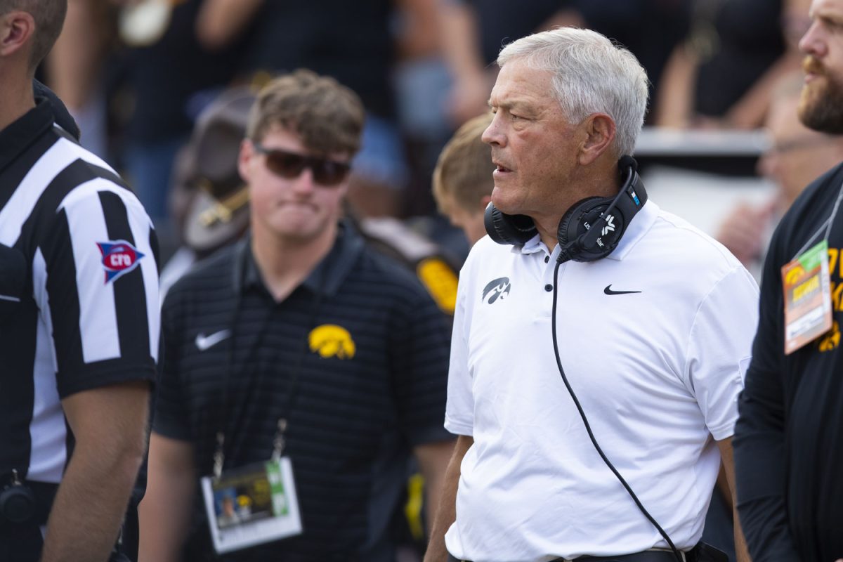 Iowa football head coach Kirk Ferentz watches as players warmup before a football game between Iowa and Albany at Kinnick Stadium on Saturday, Aug. 30, 2025.