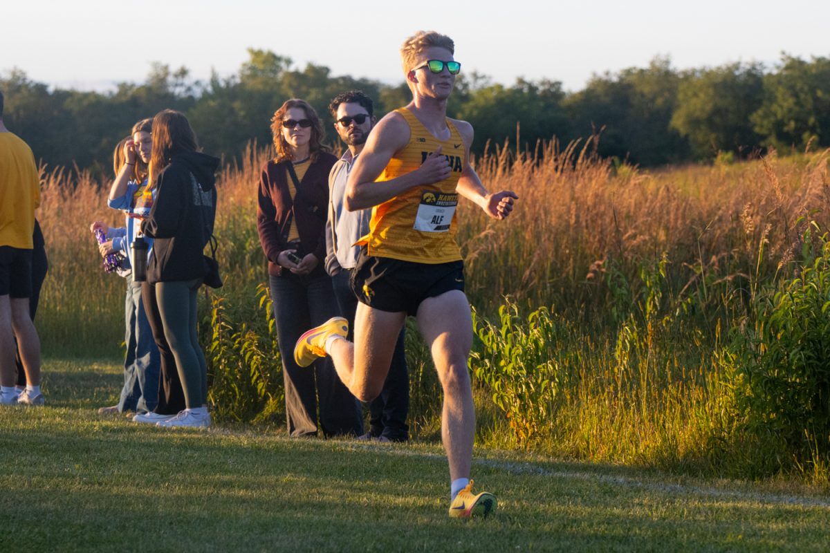 The Iowa distance runner Spencer Alf finishing the race twenty-third overall and ninth which was last of the Iowa runners. Iowa got second to Iowa Central CC losing the tie breaker with both teams scoring 34 on the Ashton Cross-Country Course on Friday night Sep. 5, 2025.
