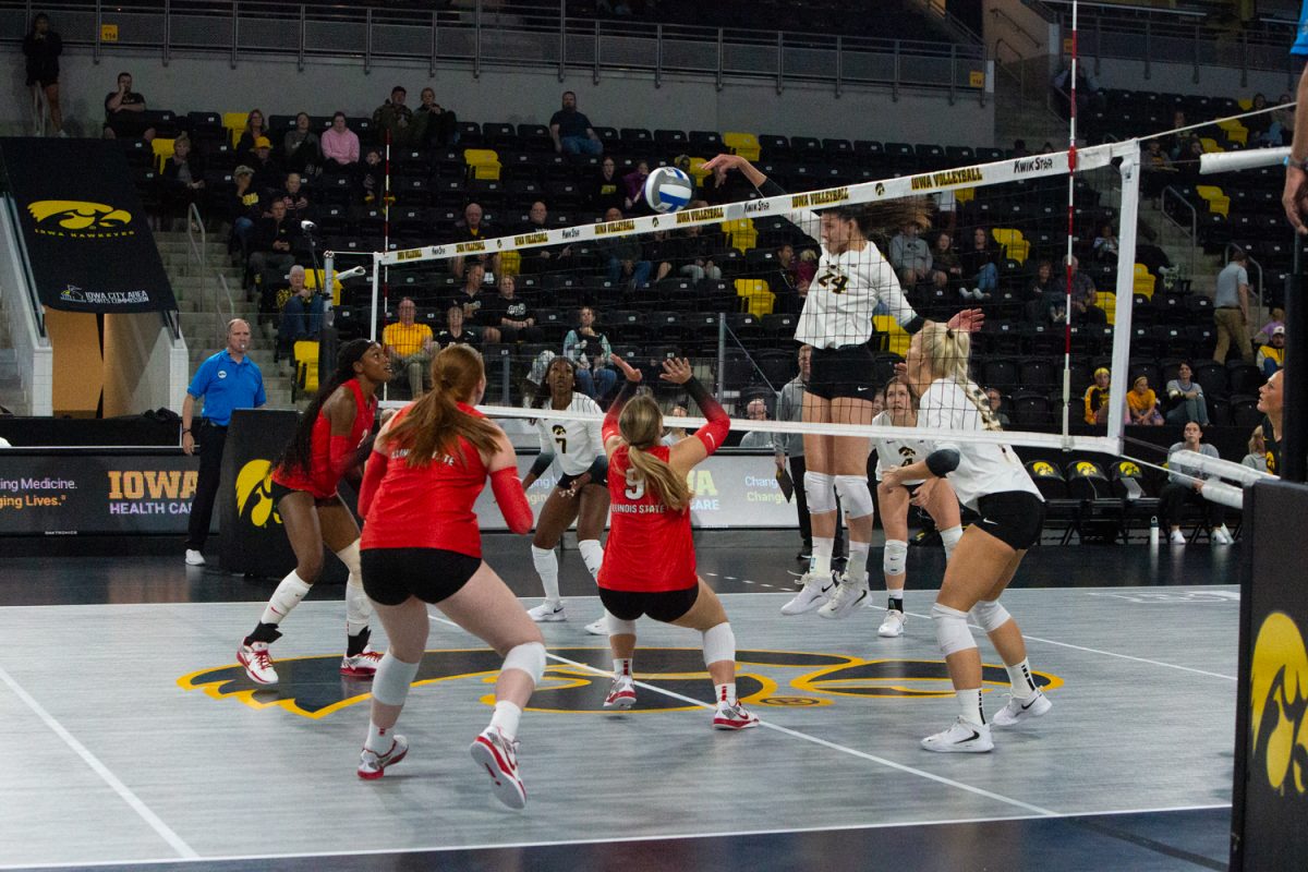 Iowa middle hitter Aleksandra Stojanovic hits the ball during a volleyball game between Iowa and Illinois State at Xtream Arena in Coralville on Friday night Sep. 5, 2025. Stojanovic earned ten kills. The Hawkeyes defeated the Redbirds 3-0.