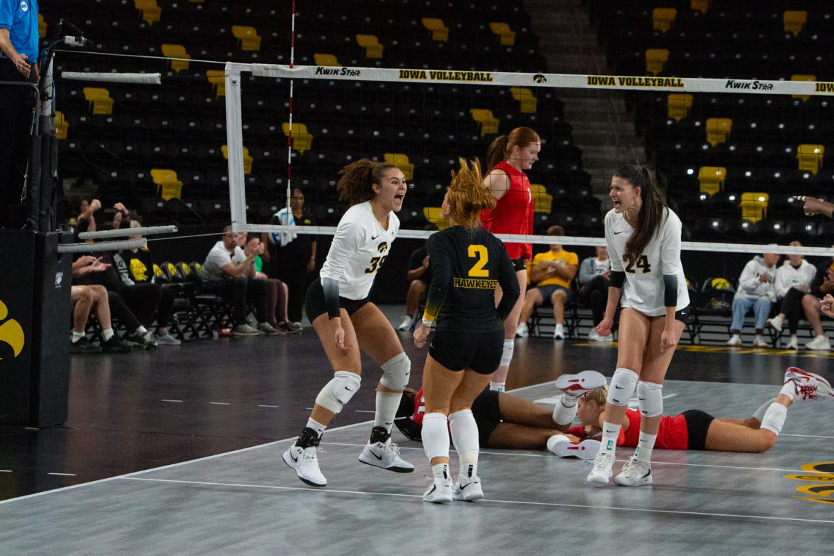 Iowa outside hitter Alyssa Worden celebrates after a kill during a volleyball game between Iowa and Illinois State at Xtream Arena in Coralville on Friday night Sep. 5, 2025. Worden has earned thirty-eight kills so far this season. The Hawkeyes defeated the Redbirds 3-0.