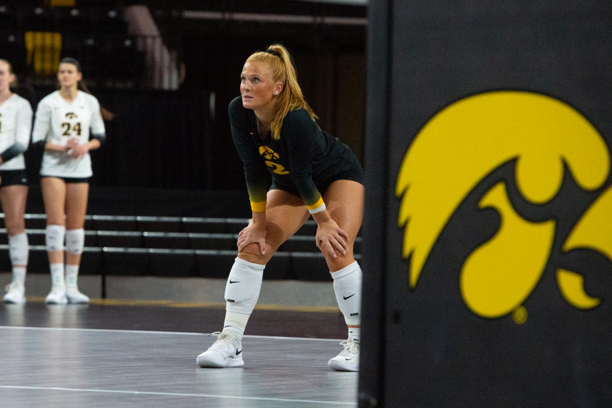 Iowa libero Milana Moisio waits for the serve during a volleyball game between Iowa and Illinois State at Xtream Arena in Coralville on Friday night Sept. 5, 2025. Moisio earned eleven digs. The Hawkeyes defeated the Redbirds 3-0.