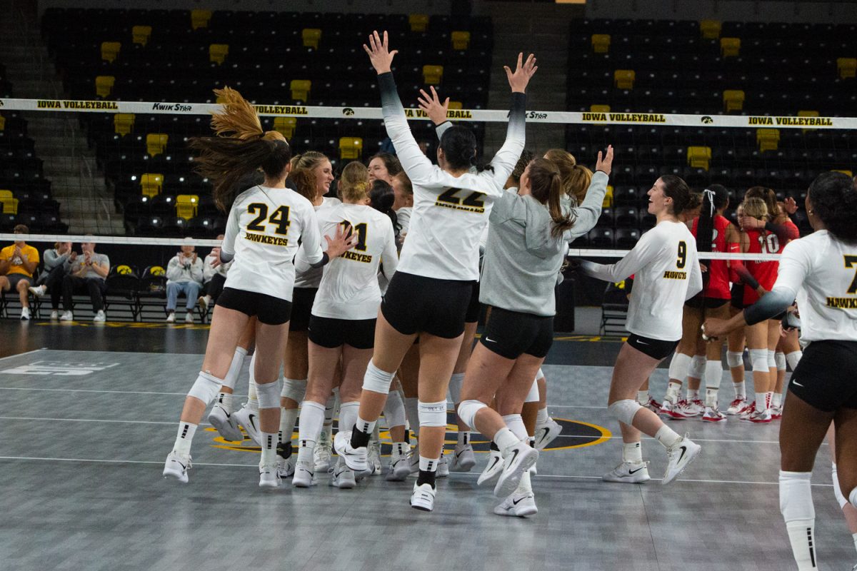 Iowa celebrate their win after a volleyball game between Iowa and Illinois State at Xtream Arena in Coralville on Friday night Sep. 5, 2025. Their final match of the Kwik Star Classic is against the Loyola Ramblers. Hawkeyes defeated the Redbirds 3-0.