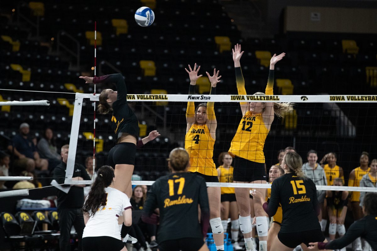 Loyola outside hitter Kaitlyn Burke hits the ball during a volleyball game between Iowa and Loyola Chicago at Xtream Arena in Coralville on Saturday afternoon Sep. 6, 2025. Burke earned 10 kills on the game.The Hawkeyes defeated the Ramblers 3-0.