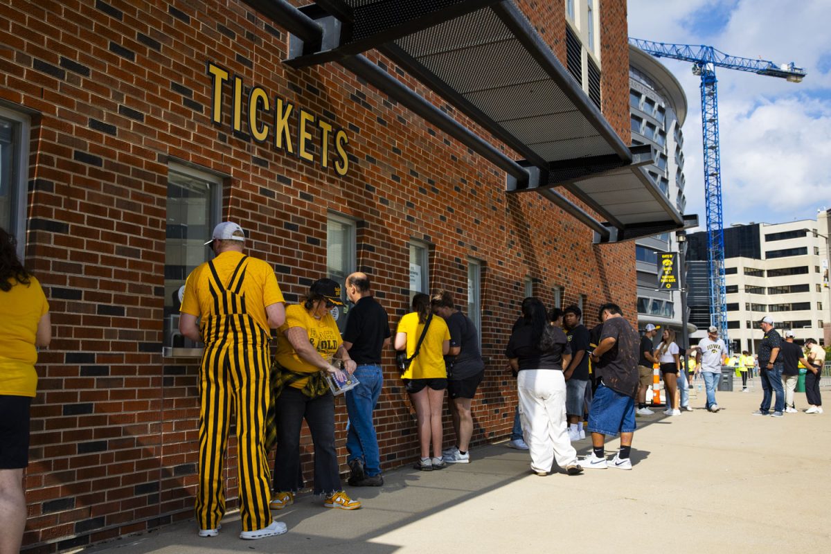 Fans line up to get tickets before a football game between the Iowa Hawkeyes and the Albany Great Danes at Kinnick Stadium on Saturday, Aug. 30, 2025. The Hawkeyes defeated the Great Danes 34-7.