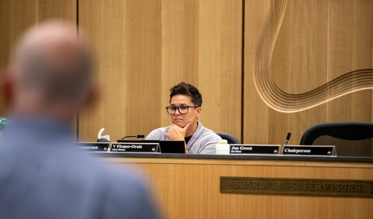 Chairperson Fixmer-Oraiz listens to a speaker during the Johnson County Board of Supervisors meeting on Wednesday, Sept. 3, 2025.
