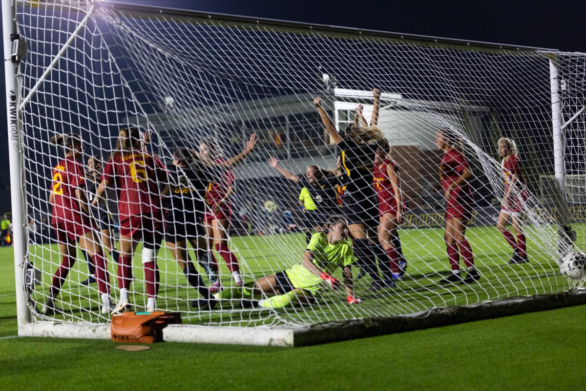The Iowa women's soccer team celebrates the first and only goal of the night, scored by midfielder Abby Skiff off of an assist from defender Liana Tarasco. The No. 11 ranked Iowa soccer women’s team beat Iowa State 1-0 in the Iowa Soccer Complex on Thursday, Sept. 4, 2025.