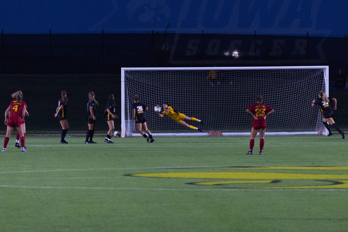 Hawkeye goalkeeper Fernanda Mayrink blocks the penalty kick from Cyclone midfielder Morgan Goodman at the Iowa Soccer Complex on Thursday, Sept. 4, 2025. The No. 11 ranked University of Iowa women's soccer team beat Iowa State 1-0.