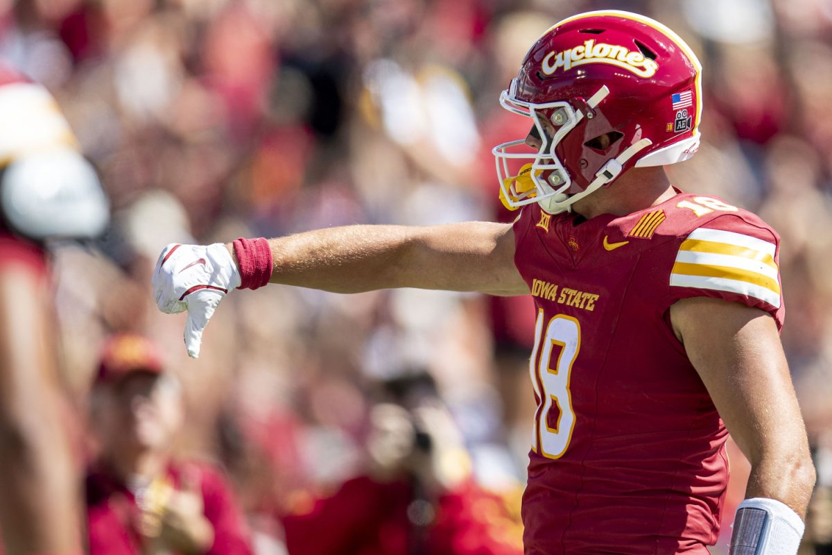 Iowa State tight end Benjamin Brahmer gestures after a touchdown during a football game between Iowa and No. 16 Iowa State in Ames, Iowa, on Sept. 6, 2025. 