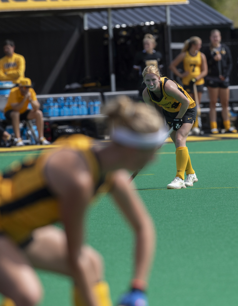 Iowa forward Fréderique van Cleef awaits a penalty corner during a field hockey match between no.15 Iowa and Queens at Grant Field in Iowa City on Sunday, Sept. 7, 2025. The Hawkeyes defeated the Royals 8-1.
