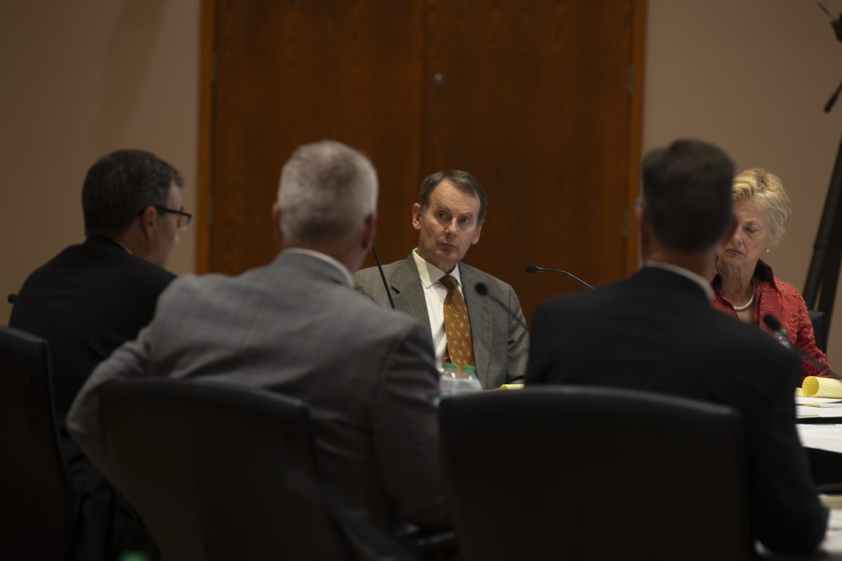 David Barker, a regent, attends an Iowa Board of Regents meeting at the University of Northern Iowa’s Maucker Union in Cedar Falls, Iowa on Wednesday, Sept. 17, 2025. Barker is currently serving his second term, having been first nominated in 2019 and again in 2025.