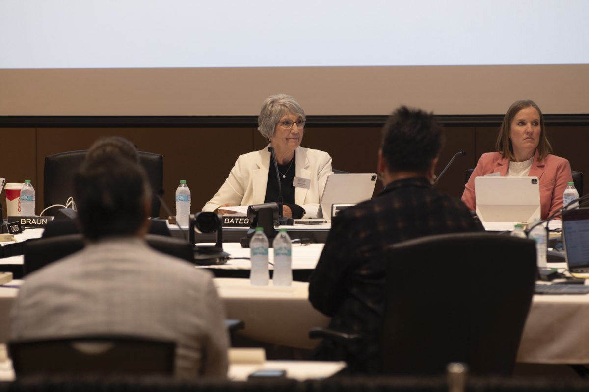Sherry Bates, the President of the Iowa Board of Regents, attends a regents meeting at the University of Northern Iowa’s Maucker Union in Cedar Falls, Iowa on Wednesday, Sept. 17, 2025. Bates is in her third term, having originally being appointed in 2014, reappointed in 2017 and 2023 where she was appointed President.