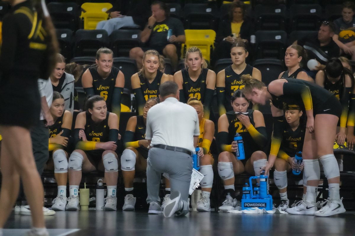 Iowa head coach Jim Barne  address team during the second set of the Hawkeye Invitational between the Iowa Hawkeyes and the East Texas A&M Lions at Xtream Arena in Coralville, Iowa on Friday, Sep 19, 2025. The Hawkeyes defeated the Lions in four sets. 
