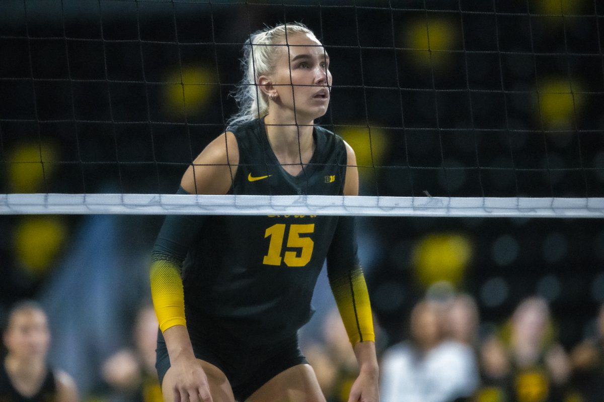 Iowa outside hitter Carmel Vares awaits serve receive during the Hawkeye Invitational between the Iowa Hawkeyes and the East Texas A&M Lions at Xtream Arena in Coralville, Iowa on Friday, Sept. 19, 2025. The Hawkeyes defeated the Lions in four sets. 