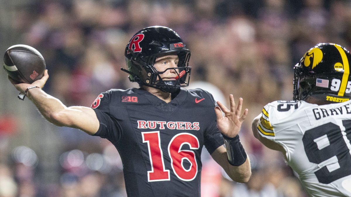 Rutgers quarterback Athan Kaliakmanis throws the ball during a football game between Iowa and Rutgers at SHI Stadium in Piscataway, N.J. on Sept. 19, 2025. (Cody Blissett / The Daily Iowan)