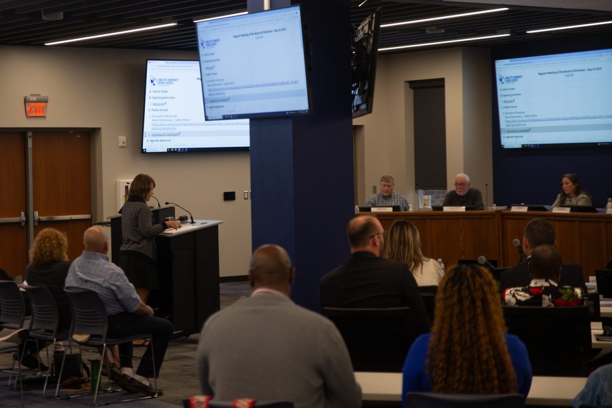 A community member speaks at the Iowa City Community School District Board meeting on Tuesday, Sept. 23, 2025. Community members spoke up about violence in the classroom.