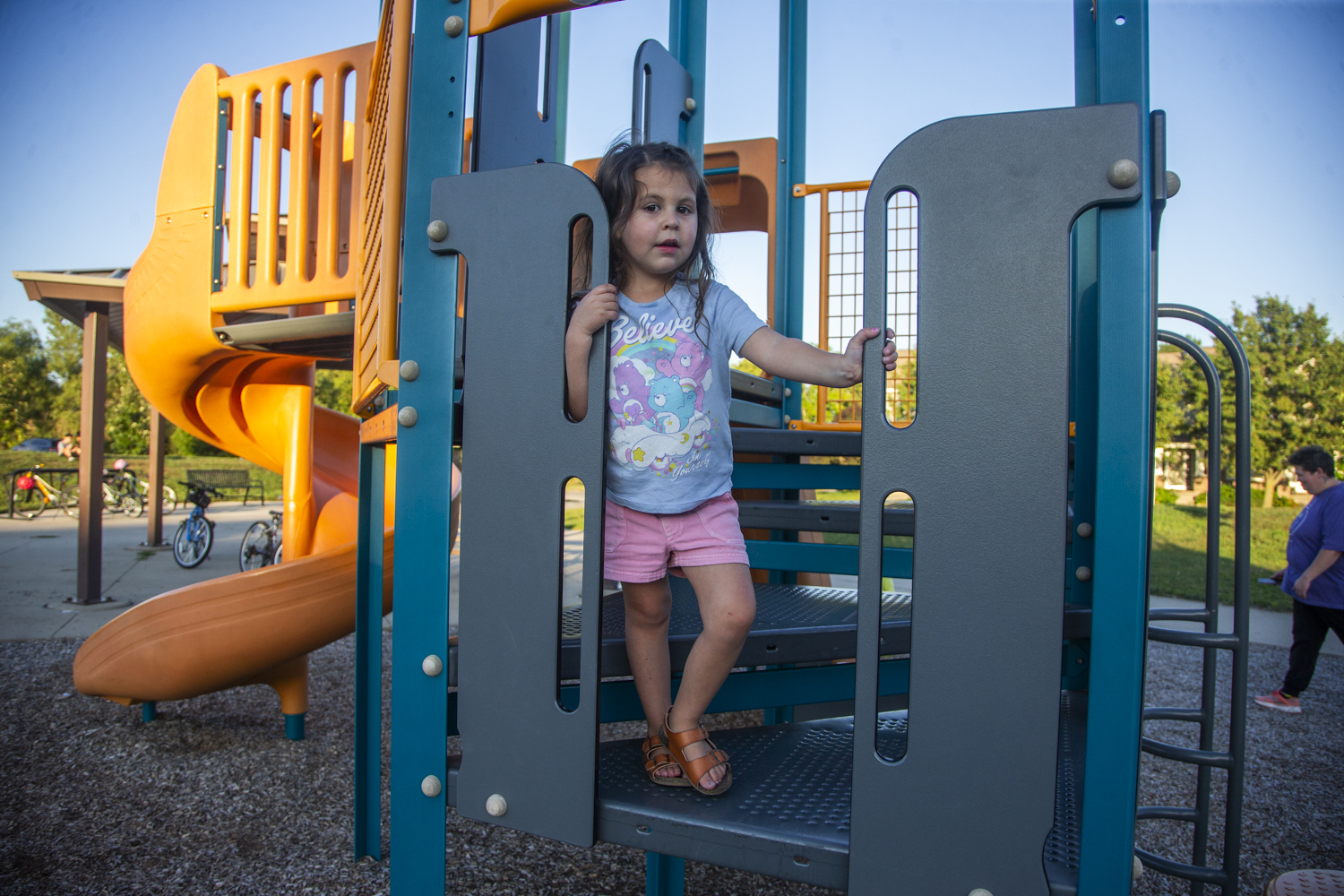 Rhiannon McNulty, 4, poses for a portrait on the playground at Frauenholtz-Miller Park in Iowa City on Thursday, Sept. 25, 2025. Rhiannon is asthmatic and has been hospitalized on three separate occasions for respiratory illnesses, two of which were for respiratory syncytial virus, or RSV. By the time the RSV vaccine was approved for babies under eight months old on July, 2023, Rhiannon was already too old to be eligible.