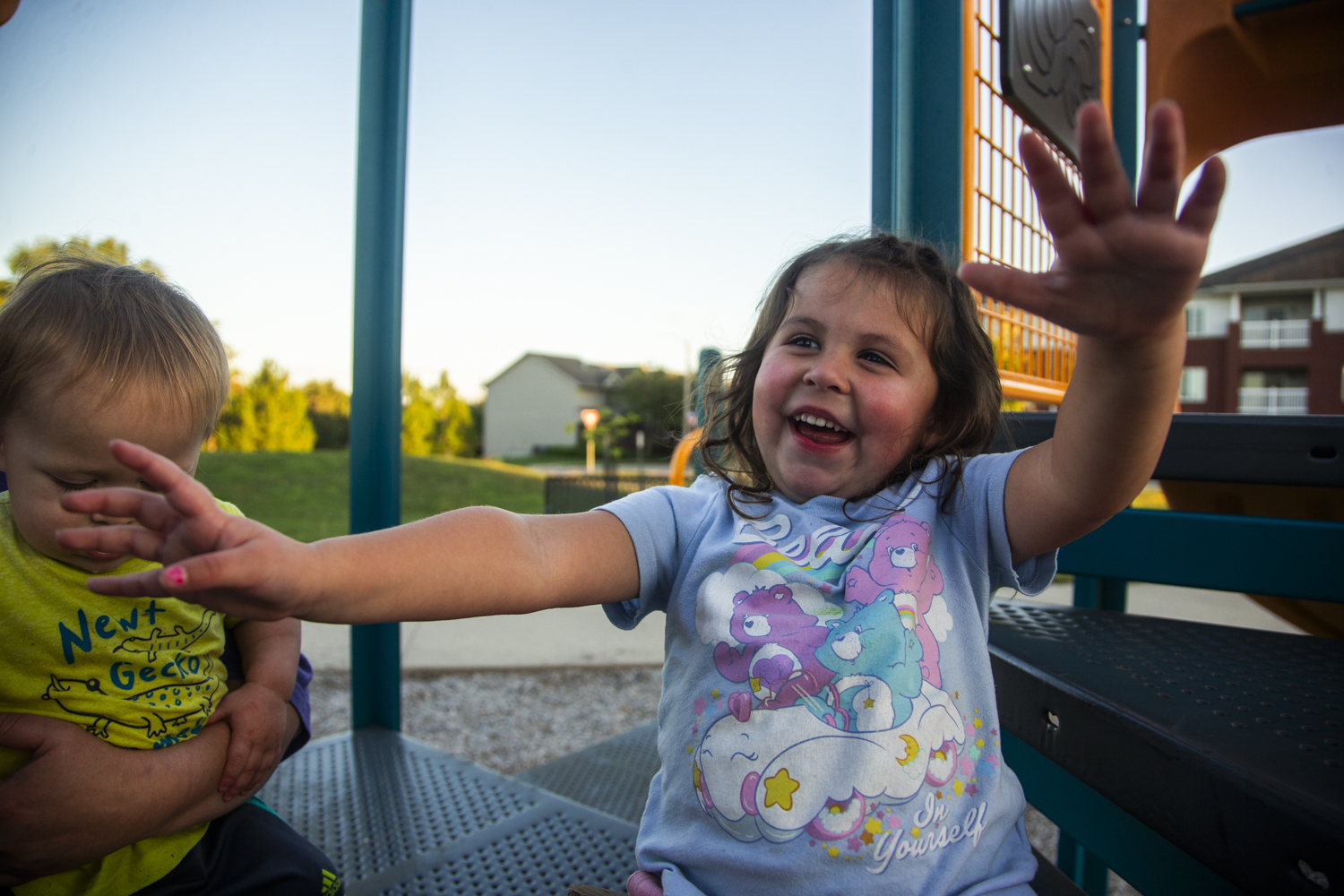 Rhiannon McNulty, 4, plays with her brother Archer, 1, on the playground at Frauenholtz-Miller Park in Iowa City on Thursday, Sept. 25, 2025. Rhiannon is asthmatic and has been hospitalized on three separate occasions for respiratory illnesses, two of which were for respiratory syncytial virus, or RSV. By the time the RSV vaccine was approved for babies under eight months old on July, 2023, Rhiannon was already too old to be eligible.