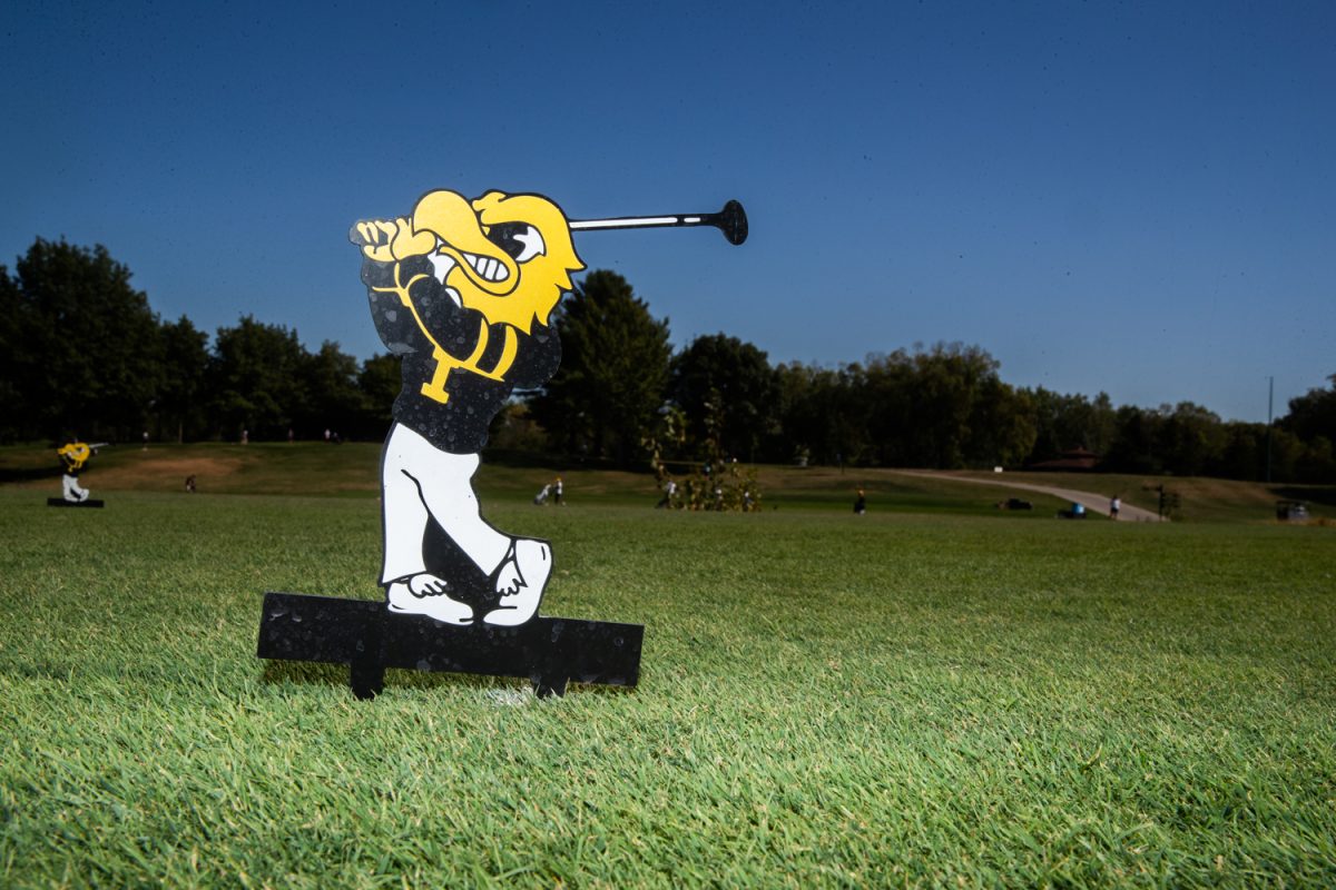 Herky the Hawk themed tee markers are seen inside the hole one tee box during the Diane Thomason Invitational at Finkbine Golf Course in Iowa City on Monday, Sept. 29, 2025. The Hawkeyes are trailing in third place behind South Dakota and Montana State, after the first round of three of the two-day tournament. Iowa’s Ximena Benites leads the team at two under par.