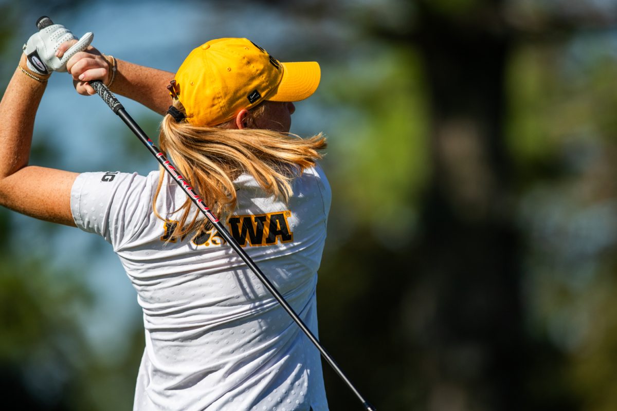 Iowa’s Riley Lewis tees off during the Diane Thomason Invitational at Finkbine Golf Course in Iowa City on Monday, Sept. 29, 2025. The Hawkeyes are trailing in third place behind South Dakota and Montana State, after the first round of three at the two-day tournament. Iowa’s Ximena Benites leads the team at two under par.
