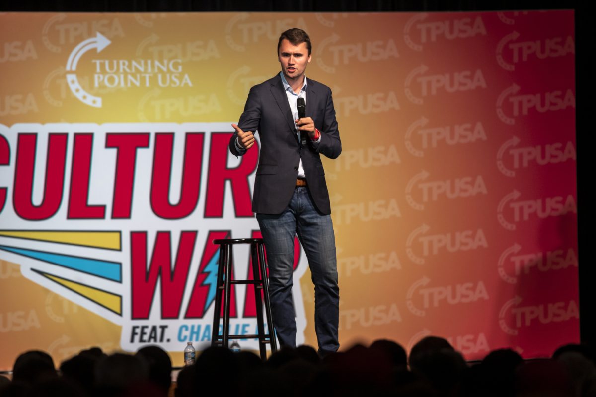 Turning Point USA Founder Charlie Kirk speaks to an audience at the Iowa Memorial Union in Iowa City on Wednesday, Oct. 23, 2019. 