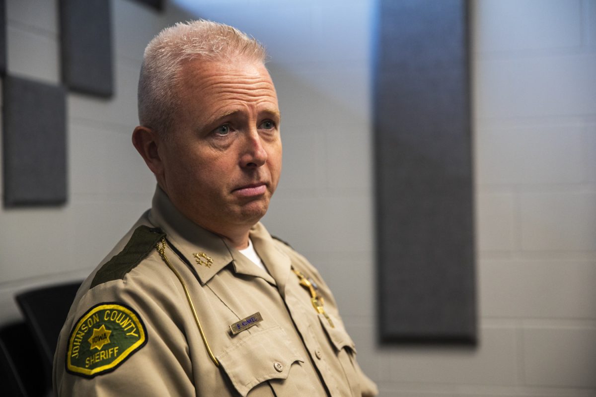 Johnson County Sheriff Brad Kunkel answers questions during an interview inside the Johnson County Sheriff’s Office on Monday, Sept. 29, 2025. The Johnson County Board of Supervisors has decided to no longer pursue a joint law enforcement facility between the Sheriff’s Office and the City of Iowa City after a split vote between city council members and Sheriff Kunkel rescinding his support for the facility.