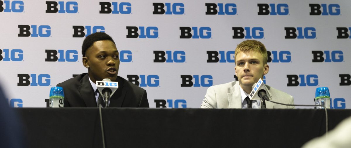 Iowa guards Cam Manyagu and Bennett Stirtz speak to the media during the 2025 Big Ten Men’s Basketball Media Day at the Donald E. Stephens Convention Center in Rosemont, Illinois, on Oct. 9, 2025. Iowa’s first game is Nov. 4 at 7:30 p.m. CST against Robert Morris.