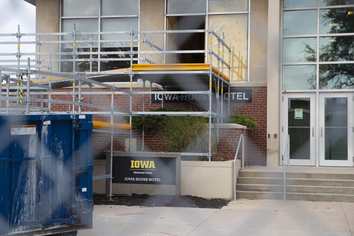 The outside renovations for the Iowa House Hotel is seen on Monday, Oct. 13, 2025. The Iowa Memorial Union began renovations in summer of 2025 and will modernize the building for students.