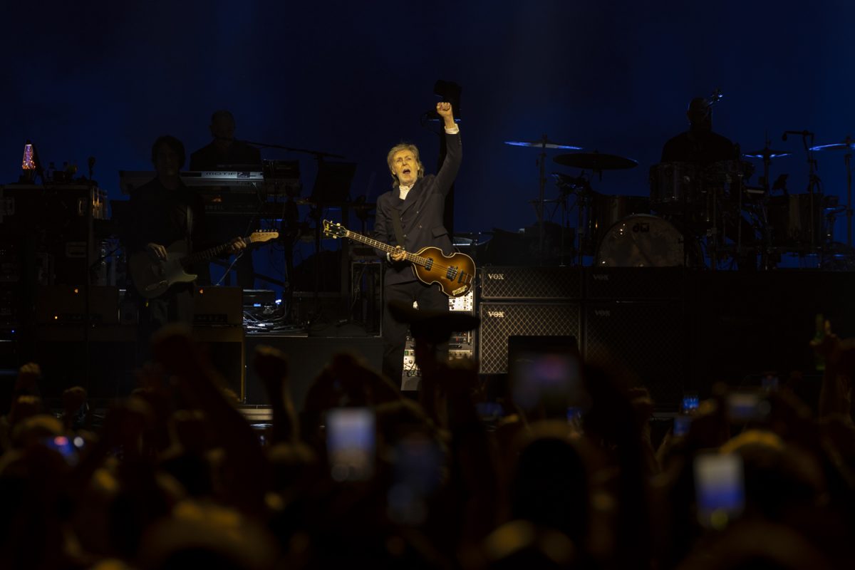Paul McCartney puts his fist in the air during a “Paul McCartney: Got Back” concert in Des Moines, Iowa at Casey’s Center on Oct. 14, 2025. This is the tours fifth stop of 19 shows, the next concert is on Oct. 17 at U.S Bank Stadium in Minneapolis, Minnesota.