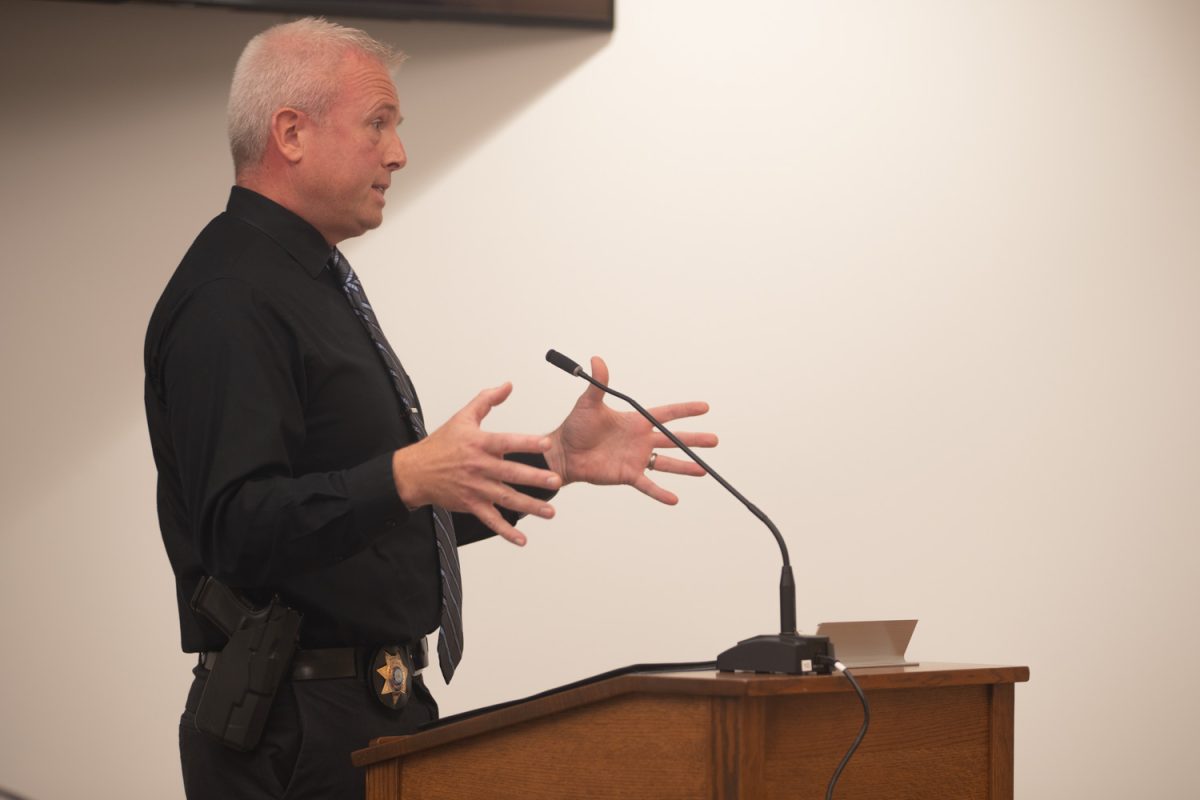 Sheriff Brad Kunkel speaks to the Johnson County Board of Supervisors during a formal meeting on Oct. 16, 2025. The conversation weighed the cost and importance of jail space quality and quantity.