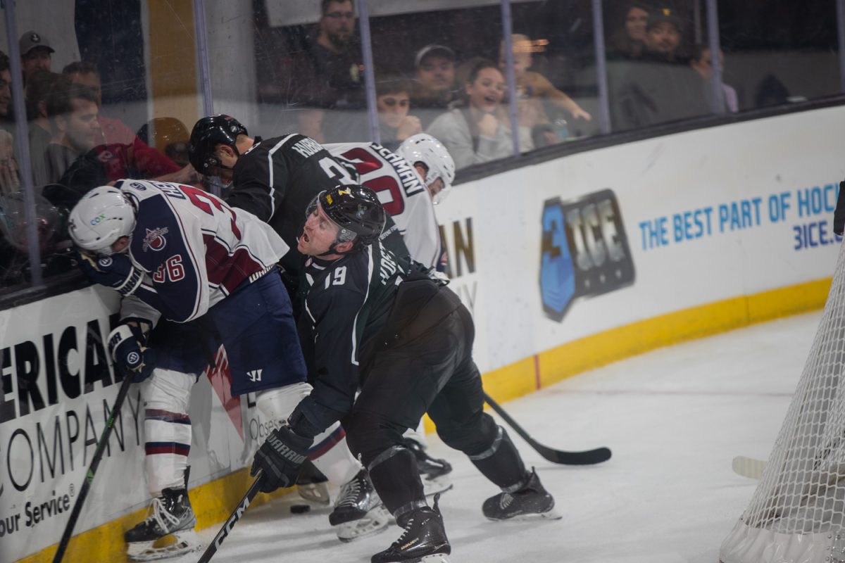 The Iowa Heartlanders compete against the Tulsa Oilers on Friday, Oct. 17, 2025, at the Xtream Arena in Coralville, Iowa. The Heartlanders won the game 2-1.