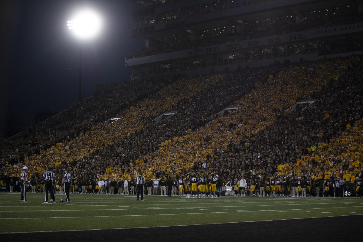 The Kinnick Stadium crowd is seen during an Iowa football game against Penn State on Saturday, Oct. 18, 2025 at Kinnick Stadium in Iowa City, Iowa. This is the annual America Needs Farmers Black and Gold Spirit Game, where fans wear either gold or black based on what section they are in, this tradition dates back to 2010. The Hawkeyes beat the Nittany Lions 25-24.