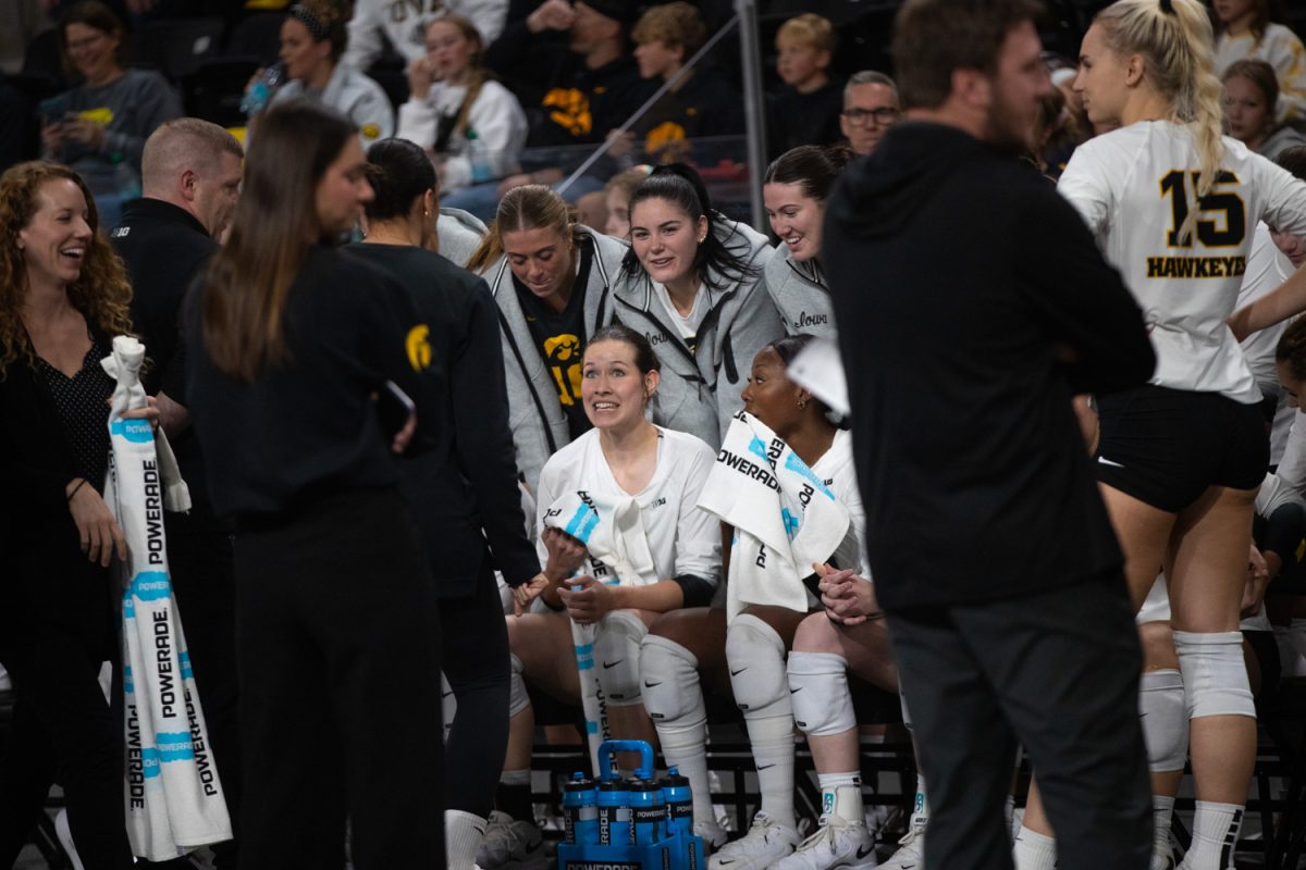 Iowa setter Claire Ammeraal talks to the team in the volleyball game against Rutgers in Xtreme Arena in Coralville on Sunday, Oct. 26, 2025. The Hawkeyes defeat the Scarlet Knight 3-2 in a tense game.