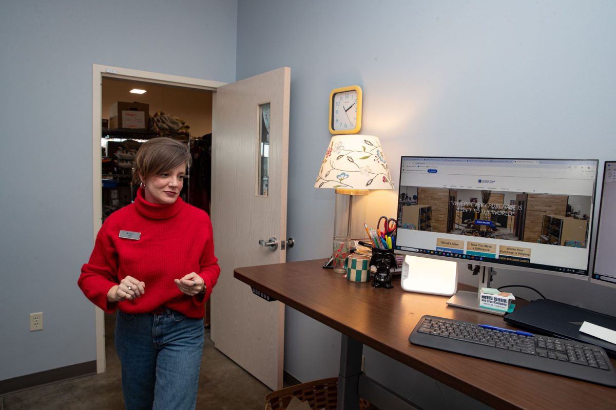 Amy Hospodarsky enters her office at Crowded Closet in Iowa City on Monday, Oct. 27, 2025. Hospodarsky is running from Iowa City Council this upcoming election, and has worked as director at the Crowded Closet for the past year because “It’s a mesh of all the causes I’m interested in.”