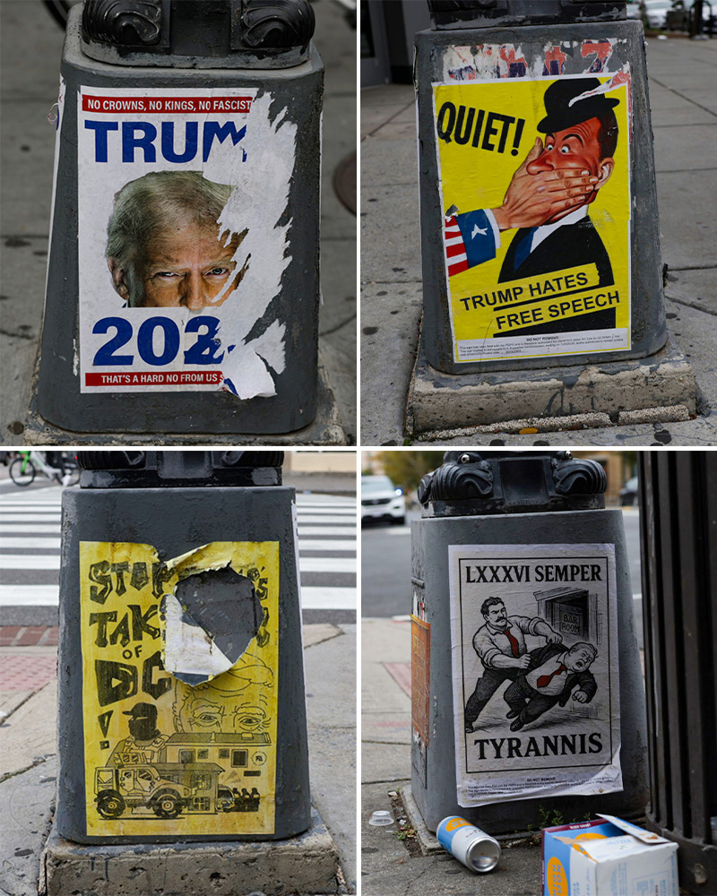 Posters are seen around Washington, DC before a No Kings demonstration in on Oct. 18, 2025. 