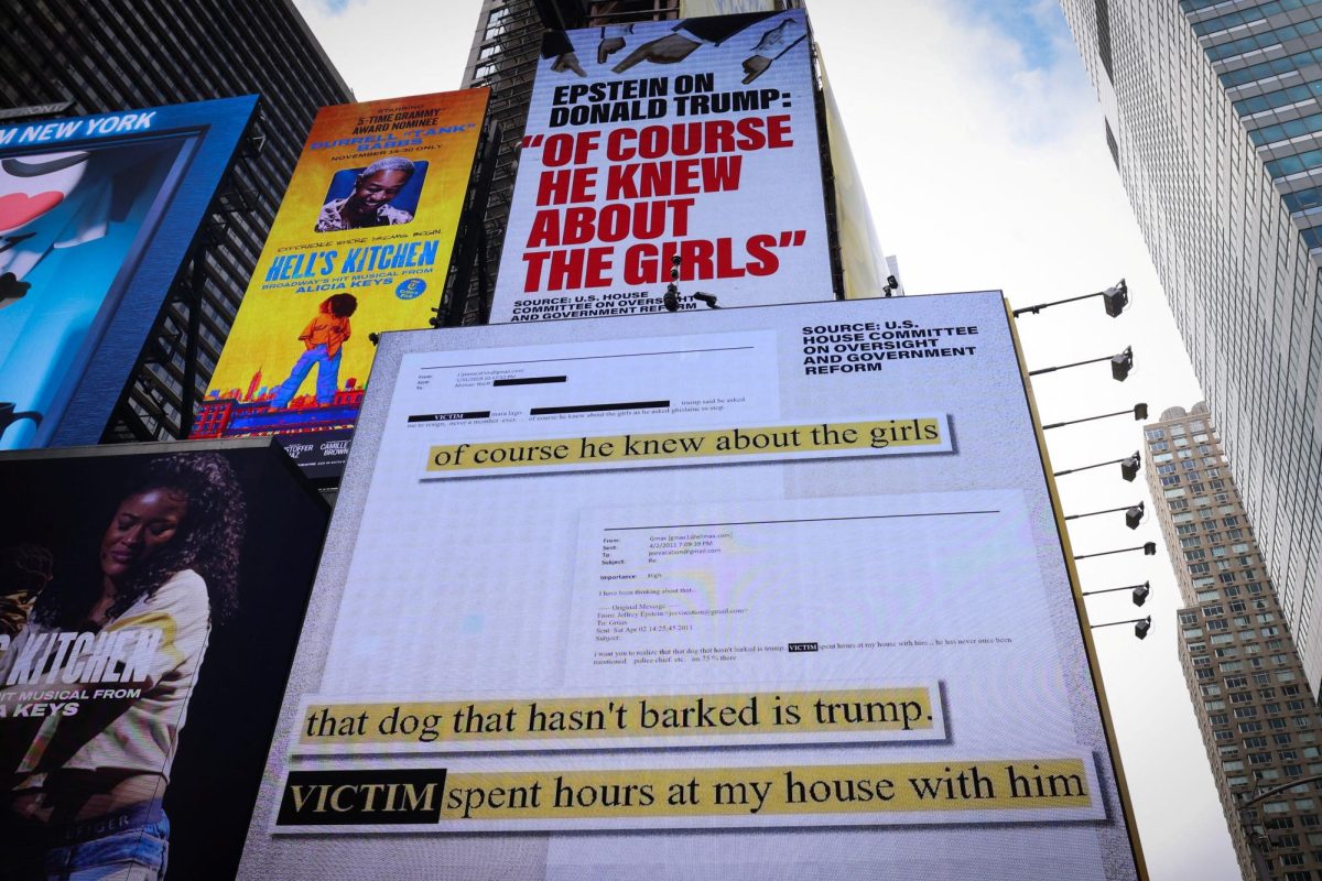 A billboard in Times Square sponsored by the group 'Home of the Brave' displays comments by Jeffrey Epstein about Donald Trump, after U.S. President Donald Trump urged his fellow Republicans in Congress to vote for the release of files related to the late convicted sex offender Jeffrey Epstein, in New York City, U.S. November 17, 2025. REUTERS/Mike Segar