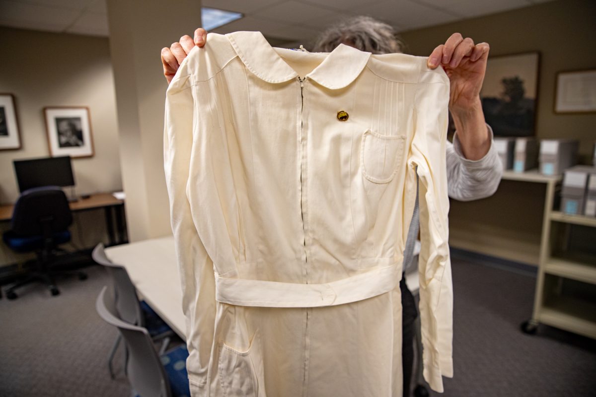 A nurse’s uniform is seen at the Women’s Archives in the University of Iowa Main Library on Friday, Nov. 7, 2025. The dress sleeves were starched before each wearing.