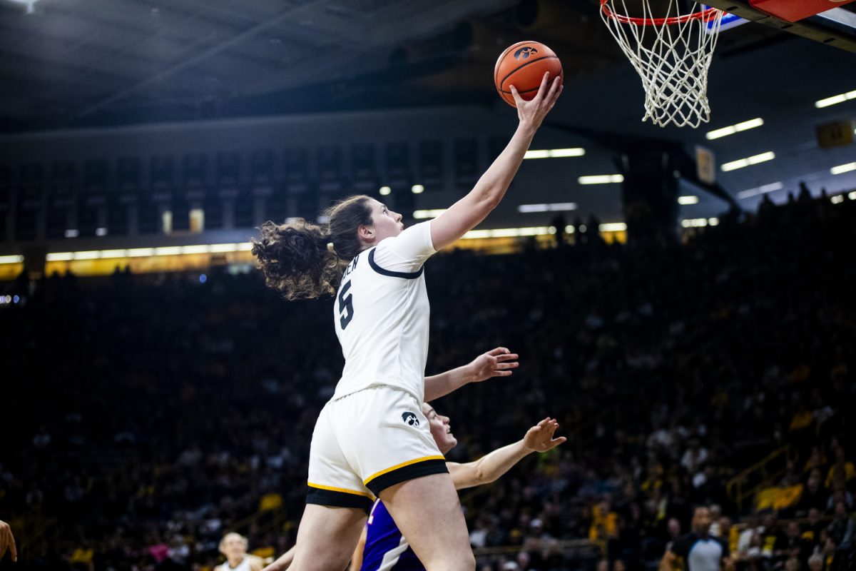Iowa center Ava Heiden shoots a layup during an Iowa women's basketball game against Evansville on Sunday, Nov. 9, 2025, at Carver-Hawkeye Arena in Iowa City, Iowa. Heiden picked up ten defensive rebounds. The Hawkeyes defeated the Purple Aces, 119-43.