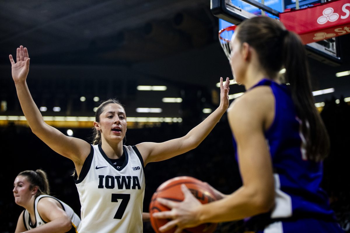 Iowa guard Addie Deal defends during an Iowa women's basketball game against Evansville on Sunday, Nov. 9, 2025, at Carver-Hawkeye Arena in Iowa City, Iowa. The Hawkeyes defeated the Purple Aces, 119-43.