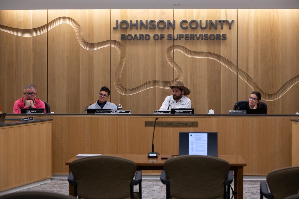 Board members are seen listening to speakers concerns during a formal meeting of the Johnson County Board of Supervisors on Wednesday, Nov. 12, 2025. The school board holds a Work Session meeting every Wednesday at 9am inside the County Health and Human Services Building.